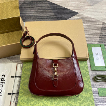 Jackie Small Shoulder Bag 27 In Wine Red Cracked Lacquer Calfskin Gold Hardware