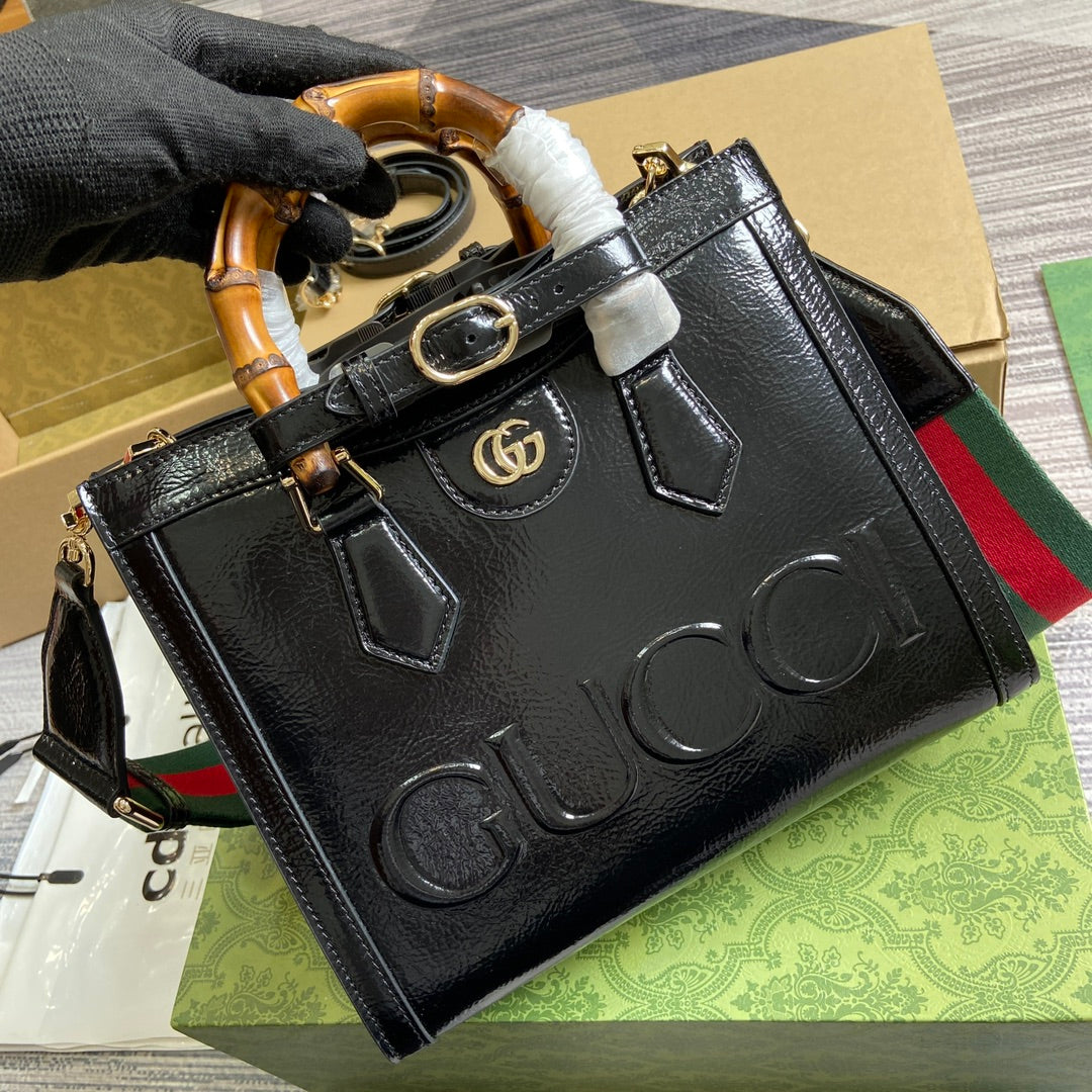 Diana Small Tote Bag 27 With Web In Black Lacquer Calfskin Bamboo Handle