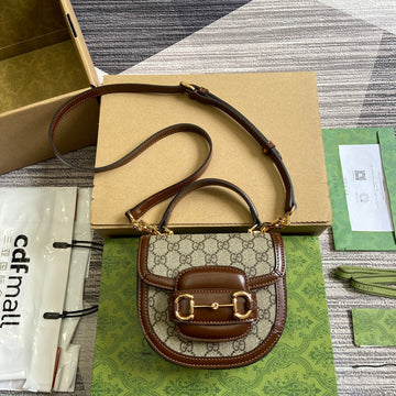 Horsebit 1955 Mini Top Handle Bag 18 In Beige Canvas And Brown Calfskin Gold Hardware