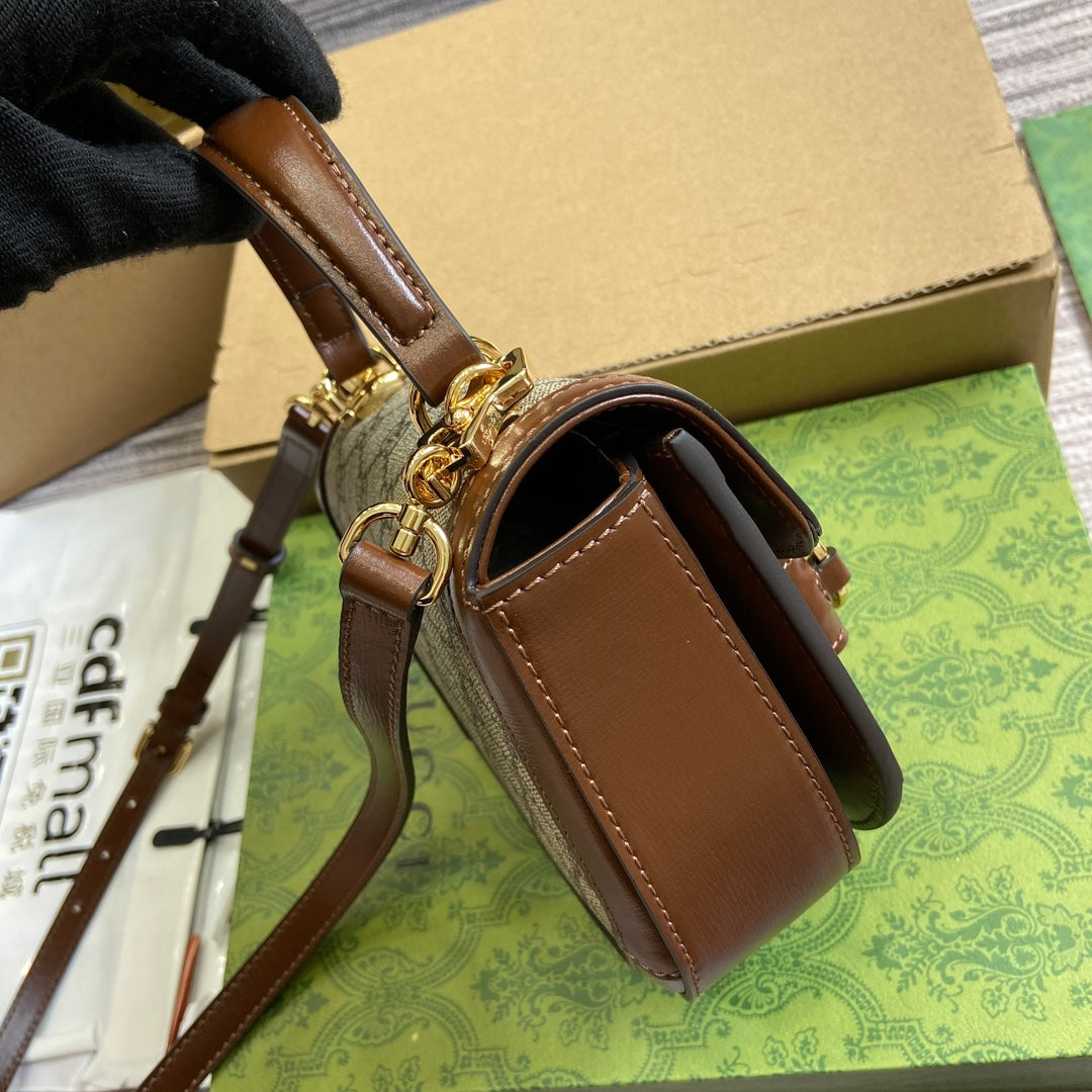 Horsebit 1955 Mini Top Handle Bag 18 In Beige Canvas And Brown Calfskin Gold Hardware