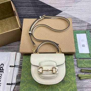Horsebit 1955 Mini Top Handle Bag 18 In White Calfskin Gold Hardware