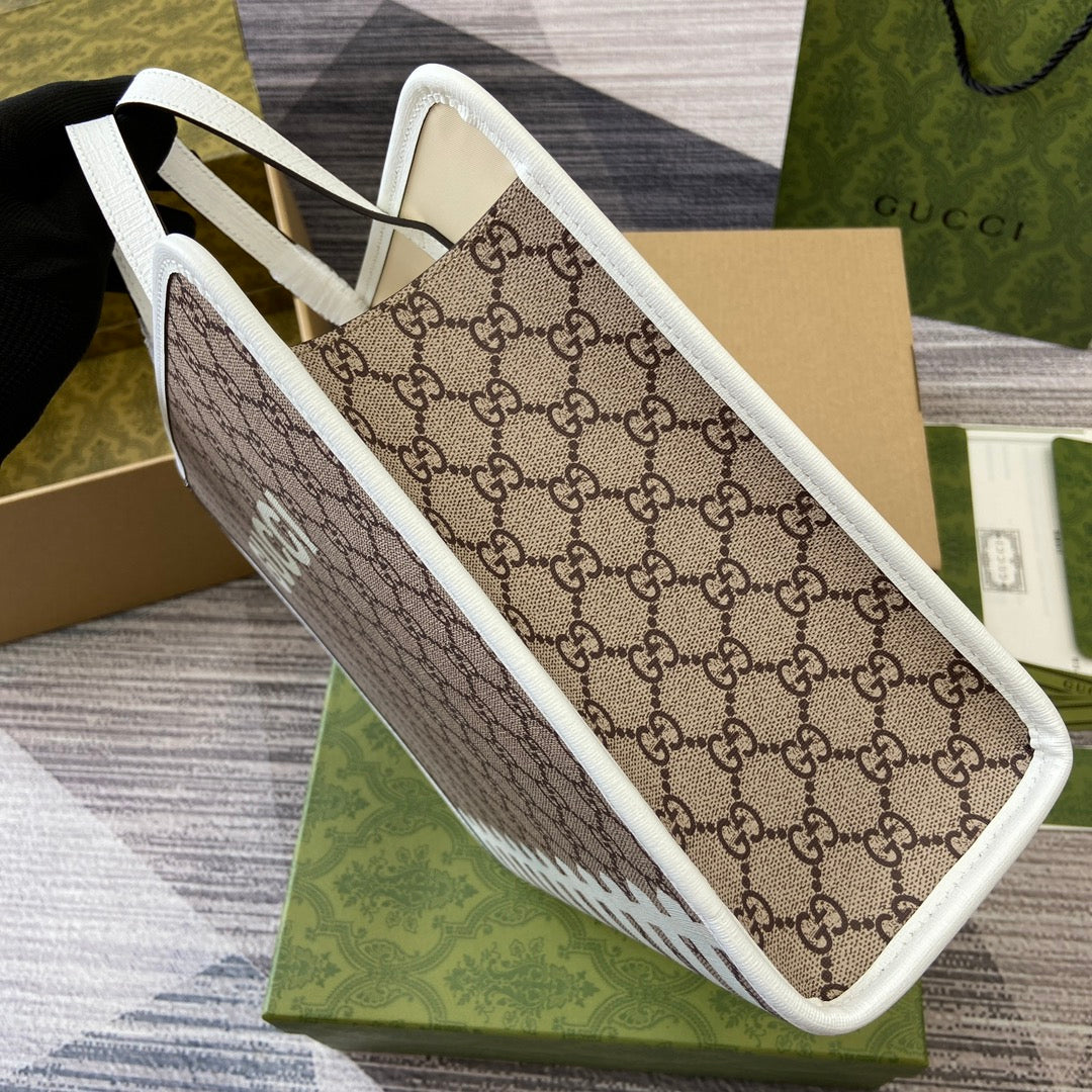 Animal Print Tote Bag 28 In Beige Canvas And White Calfskin Trim