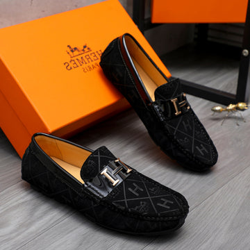 Hm Square Motif Loafer Black Embossed Suede