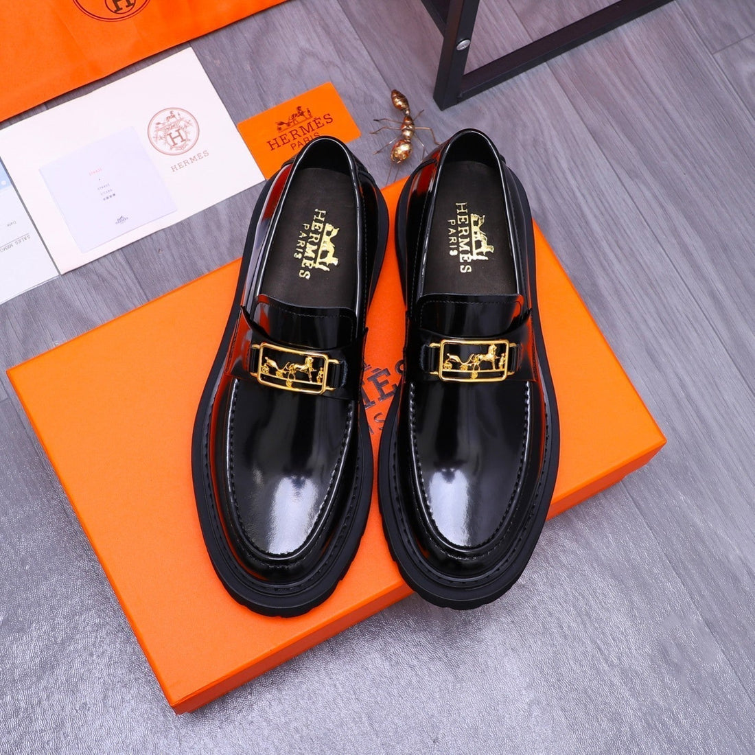 Hm Gold Buckle Loafer Glossy Black Calfskin