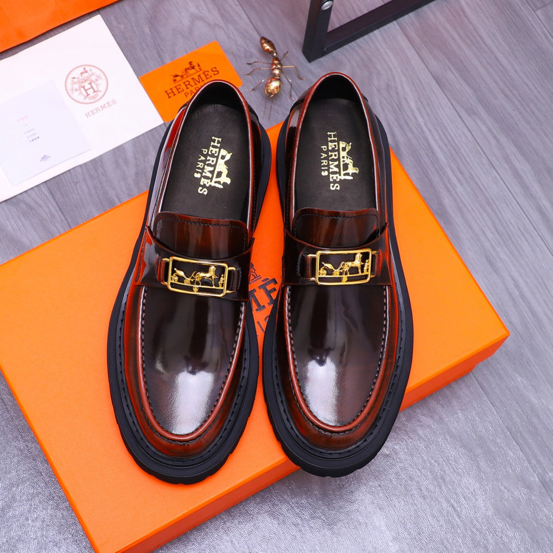 Hm Gold Buckle Loafer Glossy Wine Calfskin