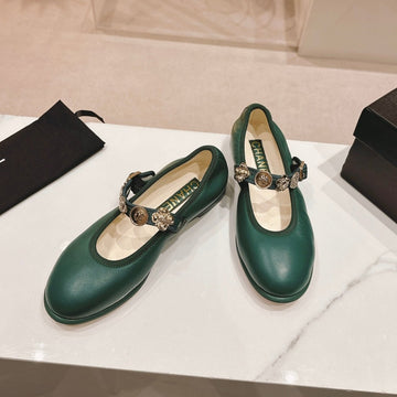 CC Mary Janes Green Calfskin Light Gold Metalic