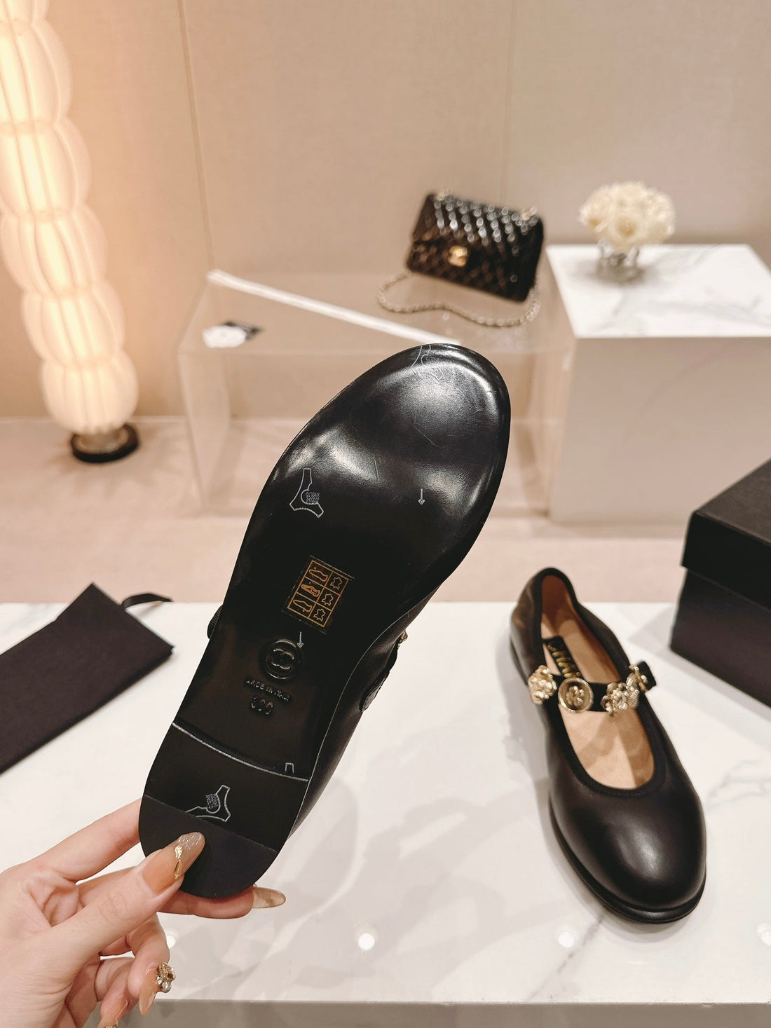 CC Mary Janes Black Calfskin Light Gold Metalic