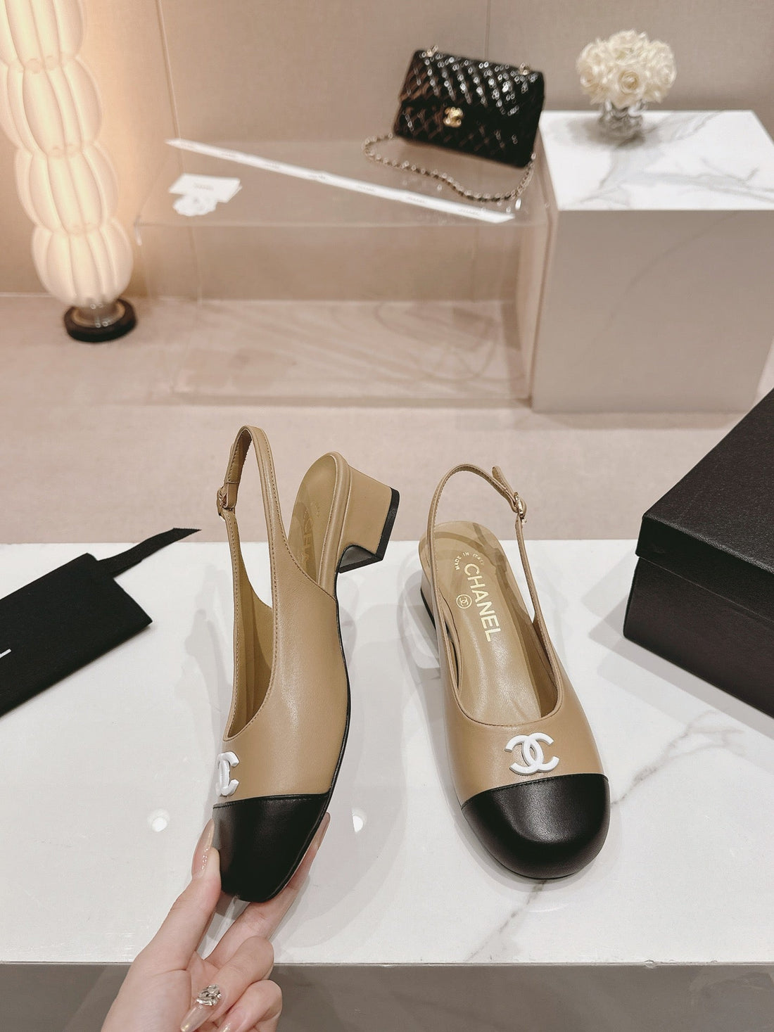 CC 2024 Slingbacks 40MM Beige Black Lambskin