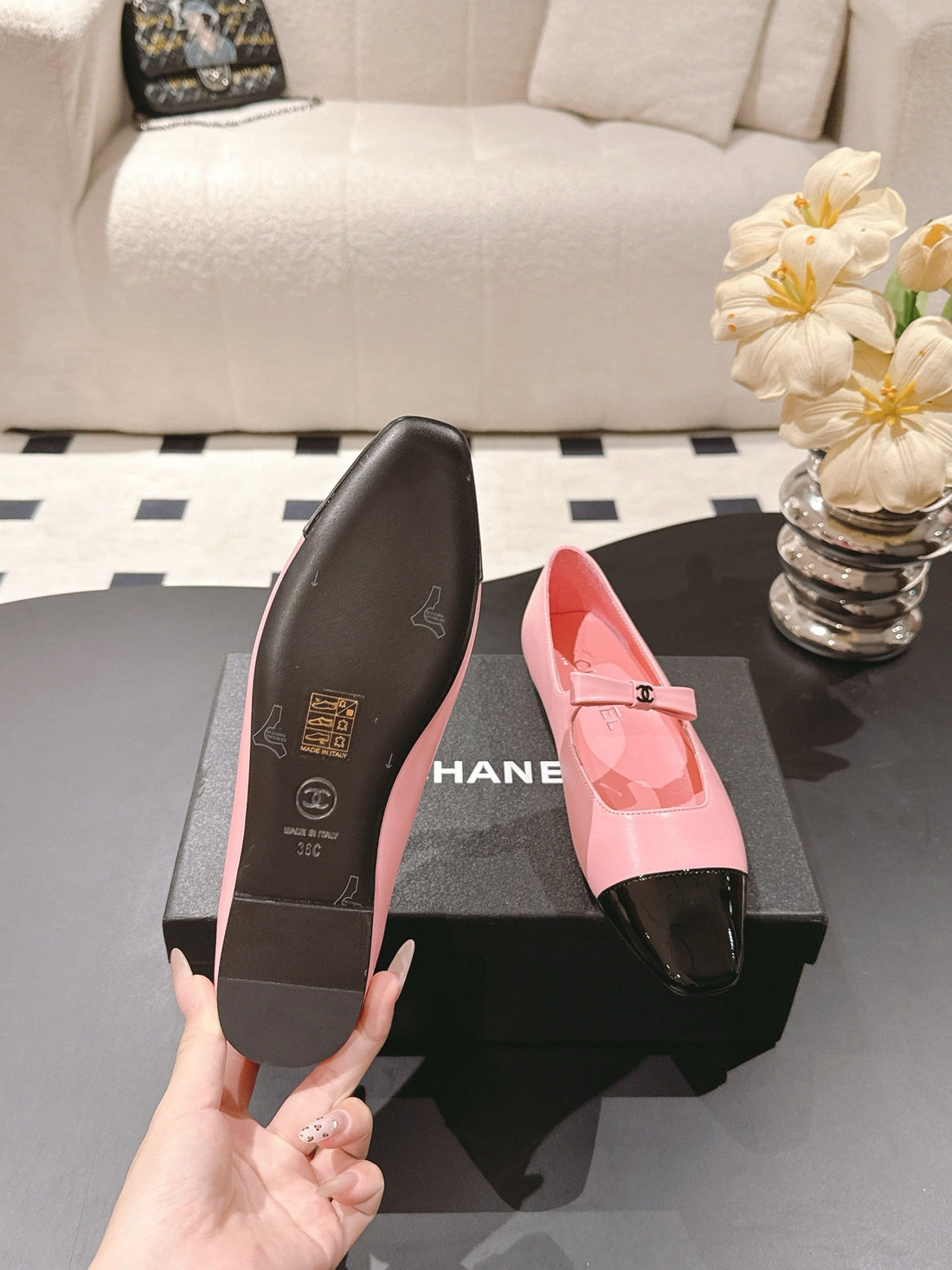 CC 25B Small Bow Buckle Ballet Flats 10MM Black Pink Sheepskin Patent Leather 415746