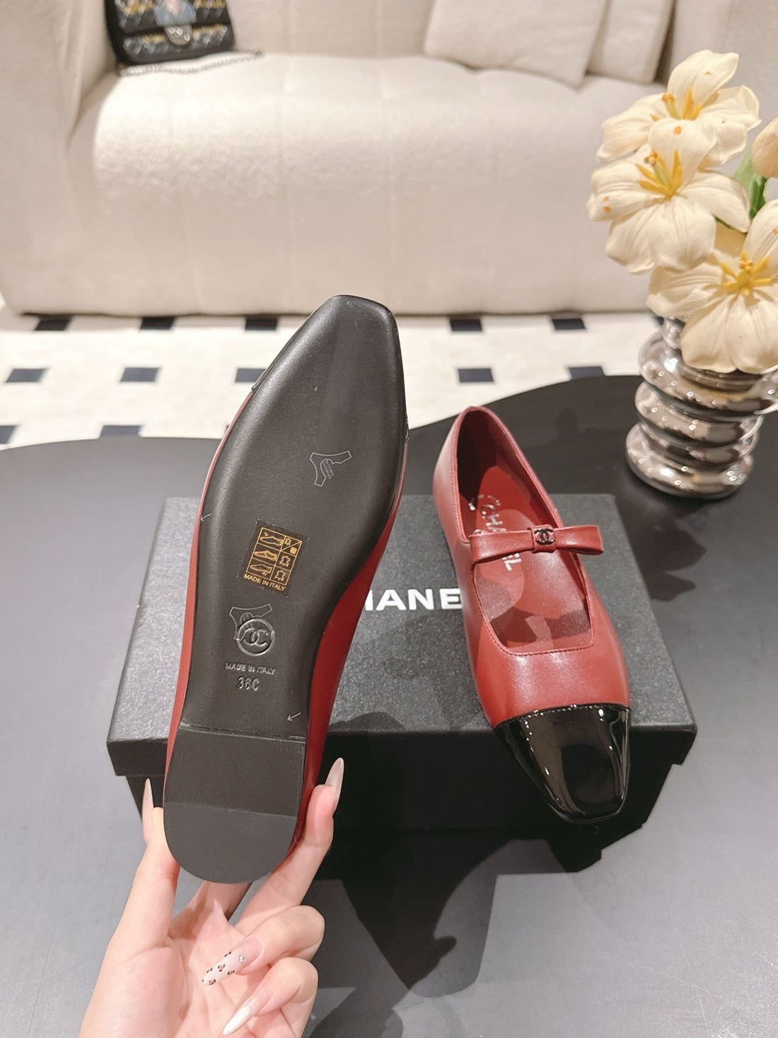 CC 25B Small Bow Buckle Ballet Flats 10MM Black Red Sheepskin Patent Leather 415748