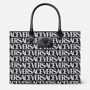 Versace Black White Logo Print Denim Canvas Tote Bag 40 With Cowhide Handle 175563