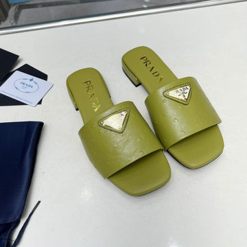 Pra Saffiano Patent Slides Ostrich Motif Pear Calfskin