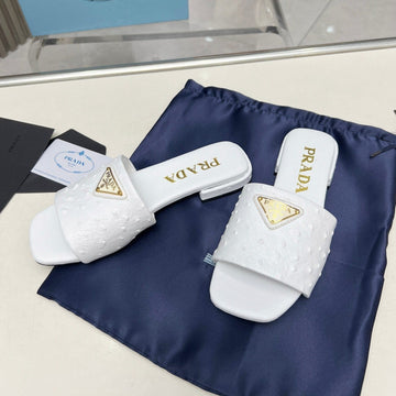 Pra Saffiano Patent Slides Ostrich Motif White Calfskin