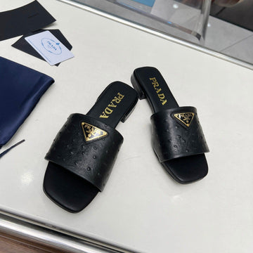 Pra Saffiano Patent Slides Ostrich Motif Black Calfskin