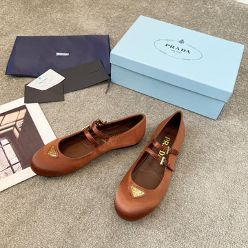 Prada 25TH Double Strap Ballet Flats Brown Satin 564122