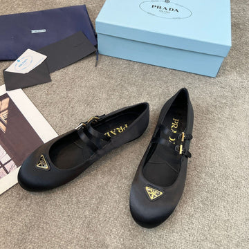 Prada 25TH Double Strap Ballet Flats Black Satin 564124