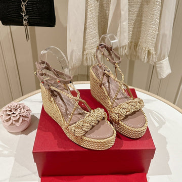 Garavani Rockstud Wedge Sandals 100MM In Beige Mix Rosy Brown Calfskin And Nylon Rope 829396