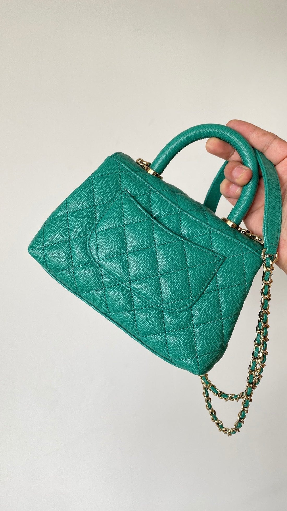 CC 25S Handle Bag 19 Pink Leather Green Caviar Gold Hardware