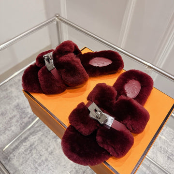 Hm Oran Slippers Sliver Buckle Wine Red Wool