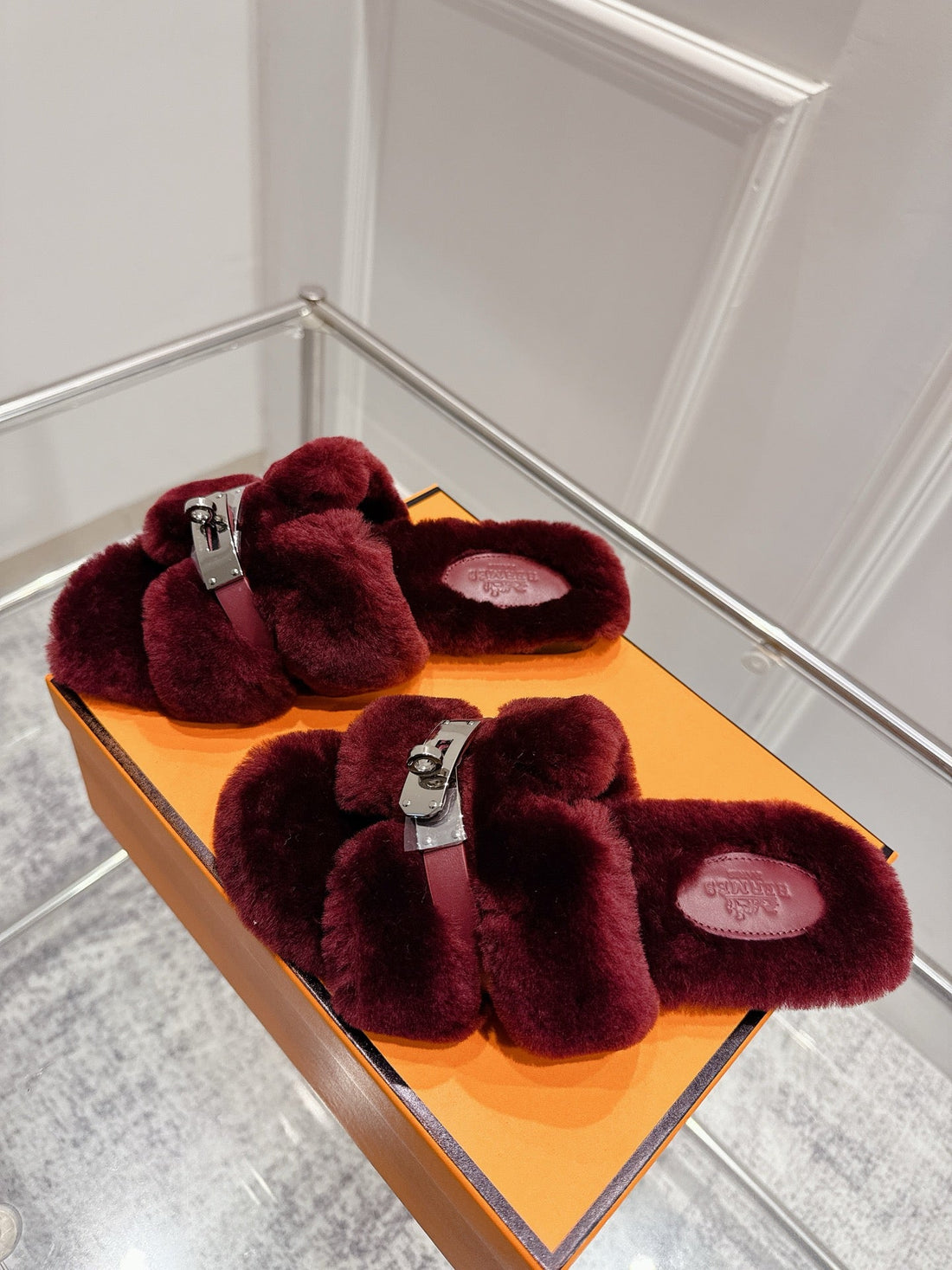 Hm Oran Slippers Sliver Buckle Wine Red Wool