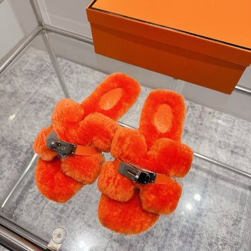 Hm Oran Slippers Sliver Buckle Orange Wool