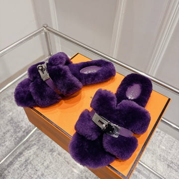 Hm Oran Slippers Sliver Buckle Purple Wool