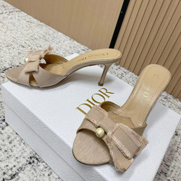 CD 26S High Heel Slippers 75 Beige Canvas Leather 643491