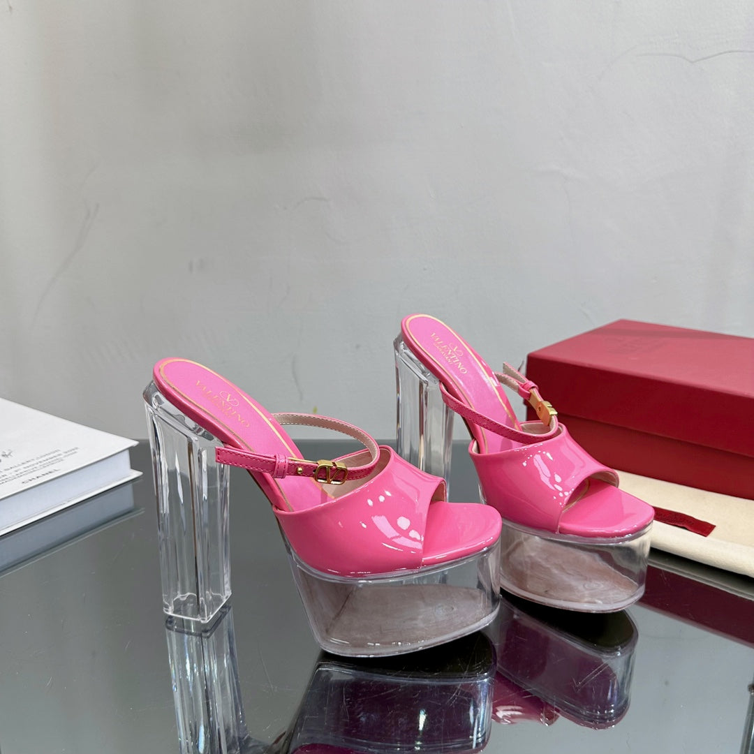 High Heel Sandal 14CM In Bright Pink Calfskin And Transparent Pvc