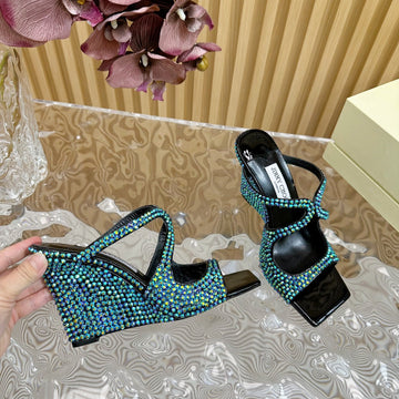 Jimmy Anise 105MM In Dark Green Pearl Studded Lambskin Mules 581534