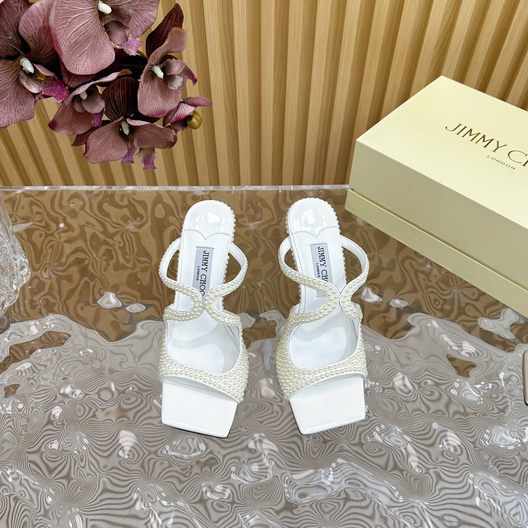 Jimmy Anise 105MM In White Pearl Studded Lambskin Mules 581538