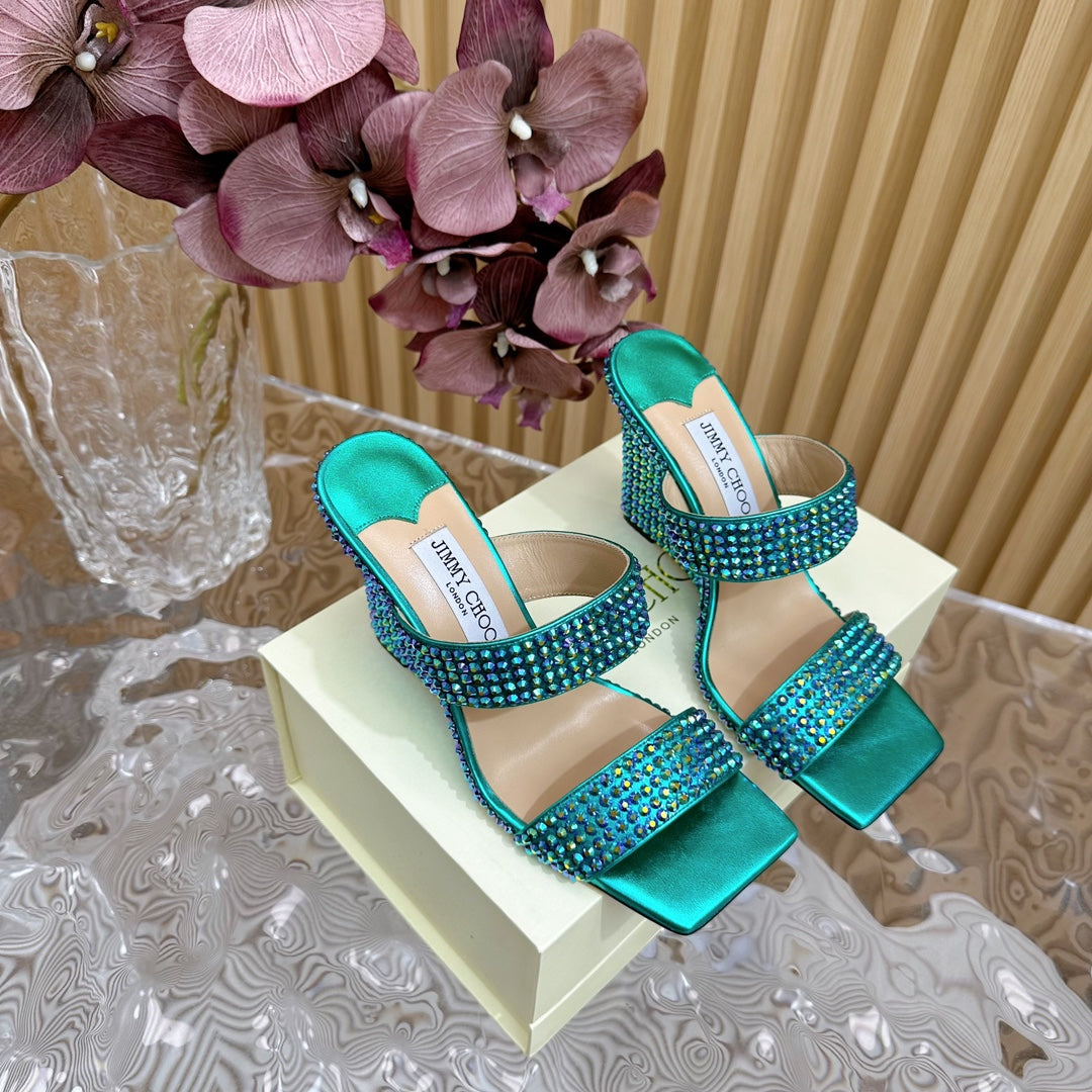 Jimmy High Sandal 105MM In Duck Neck Blue Lambskin With Stone 581545