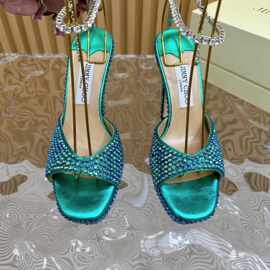Jimmy Sandal 130MM In Duck Neck Blue Lambskin With Stone 581553