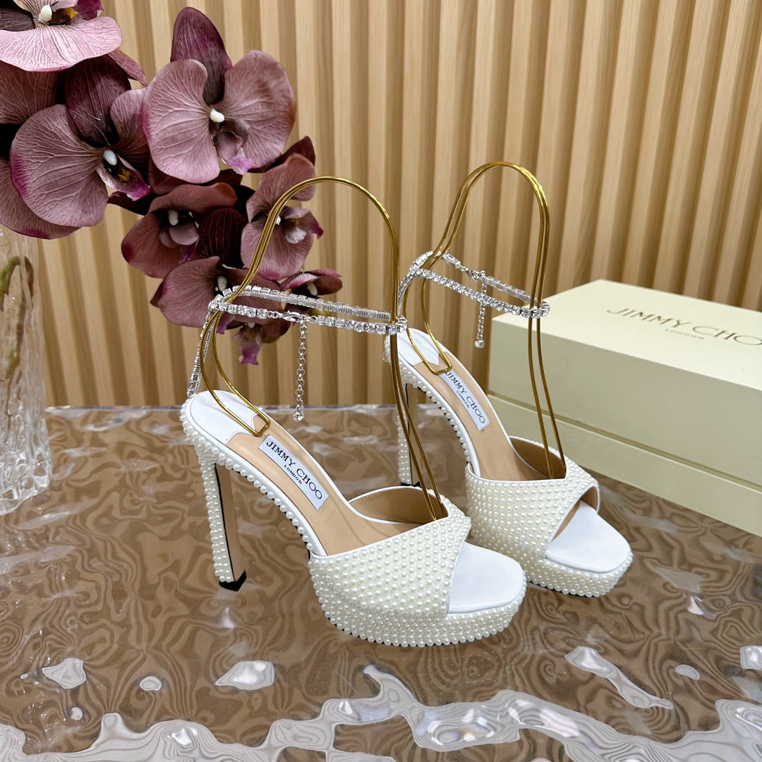 Jimmy Sandal 130MM In White Pearl Studded Lambskin 581557