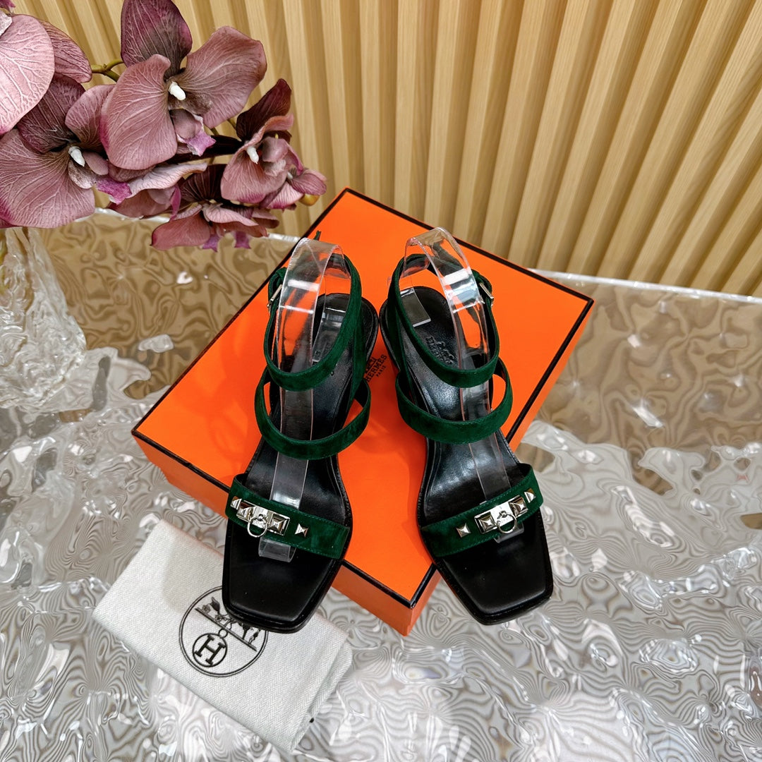 Hm Iveresse Sandal 65 Dark Green Suede Calfskin Black Calfskin