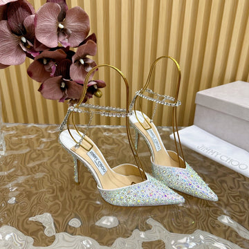 Jimmy Saeda 100MM In White Silver Satin Pumps With Crystal Embellishment 641056