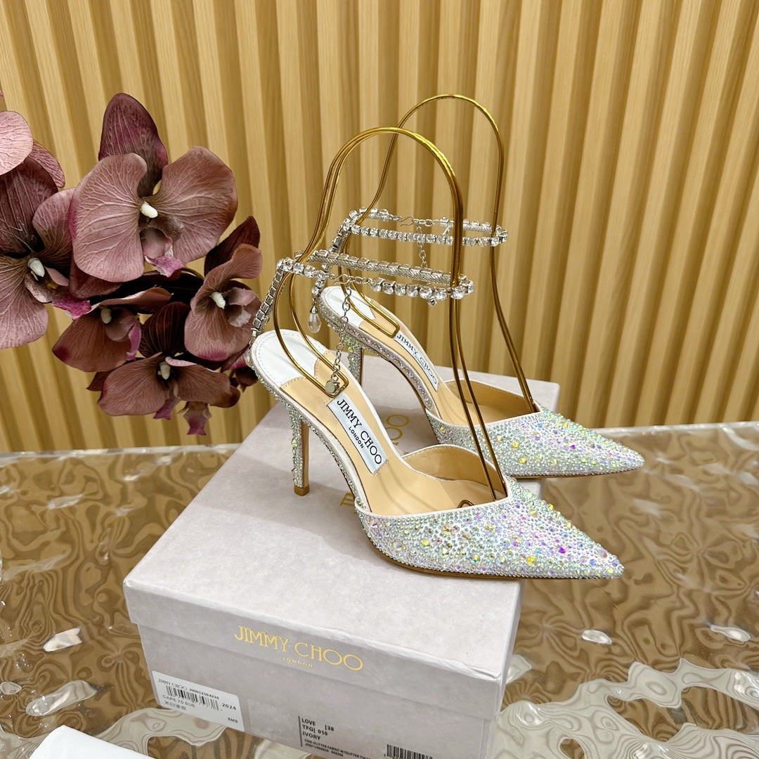 Jimmy Saeda 100MM In White Silver Satin Pumps With Crystal Embellishment 641056