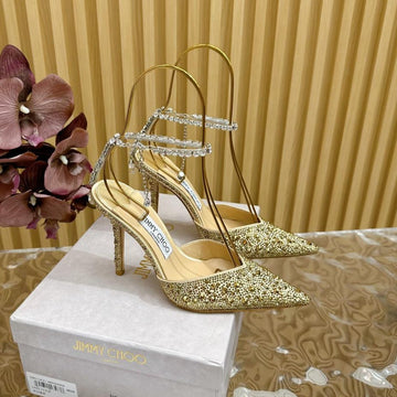Jimmy Saeda 100MM In Gold Satin Pumps With Crystal Embellishment 641064