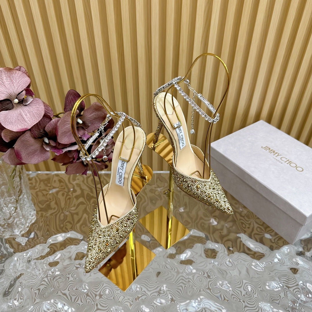 Jimmy Saeda 100MM In Gold Satin Pumps With Crystal Embellishment 641064