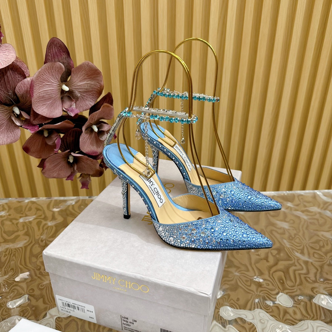 Jimmy Saeda 100MM In Blue Satin Pumps With Crystal Embellishment 641068