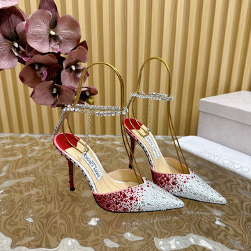 Jimmy Saeda 100MM In Red Satin Pumps With Crystal Embellishment 641076