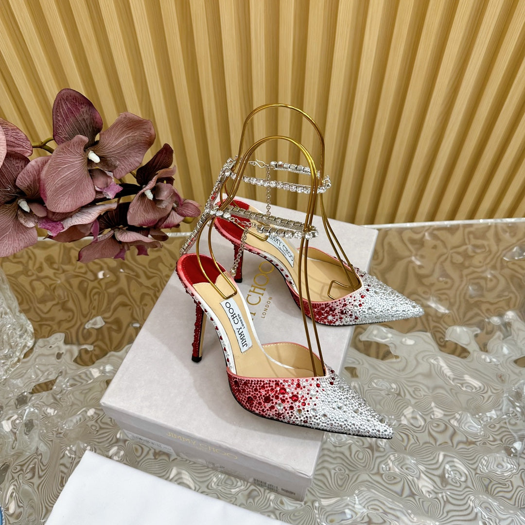 Jimmy Saeda 100MM In Red Satin Pumps With Crystal Embellishment 641076