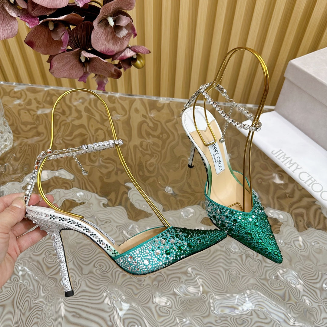 Jimmy Saeda 100MM In Dark Green Satin Pumps With Crystal Embellishment 641080