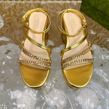 GG Platform Sandal Metallic Gold Calfskin With Chains