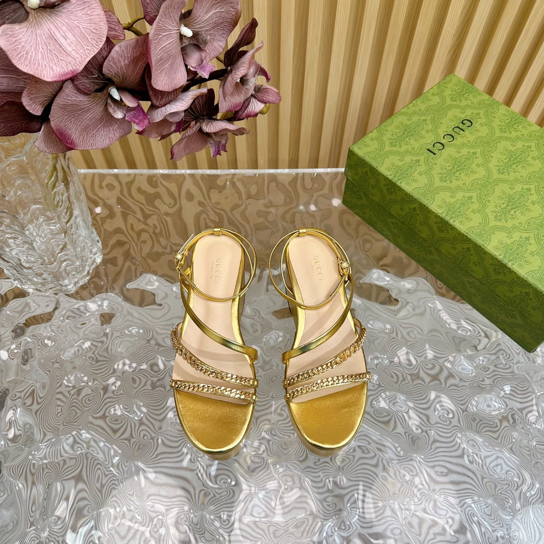 GG Platform Sandal Metallic Gold Calfskin With Chains