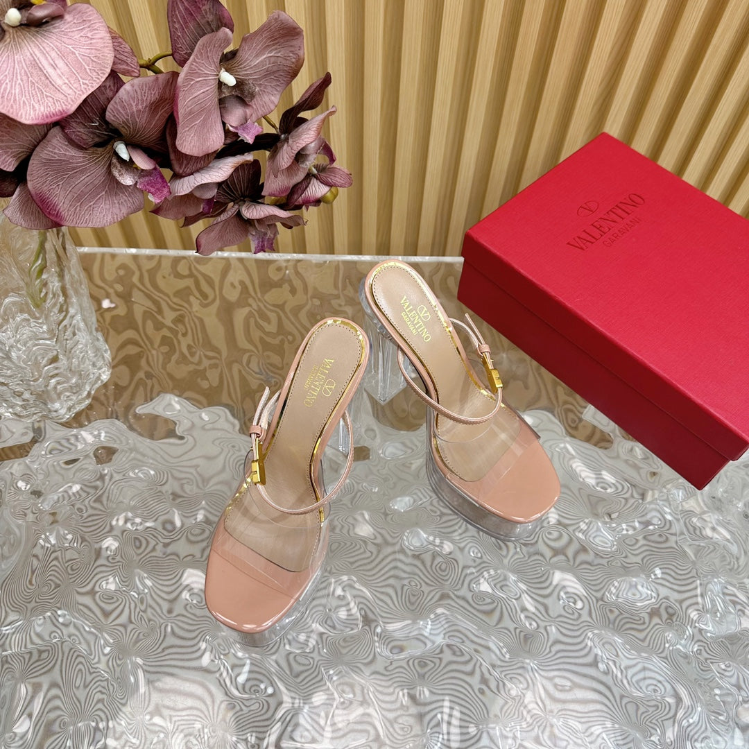 High Heel Sandal 14CM In Nude Tan Calfskin And Transparent Pvc