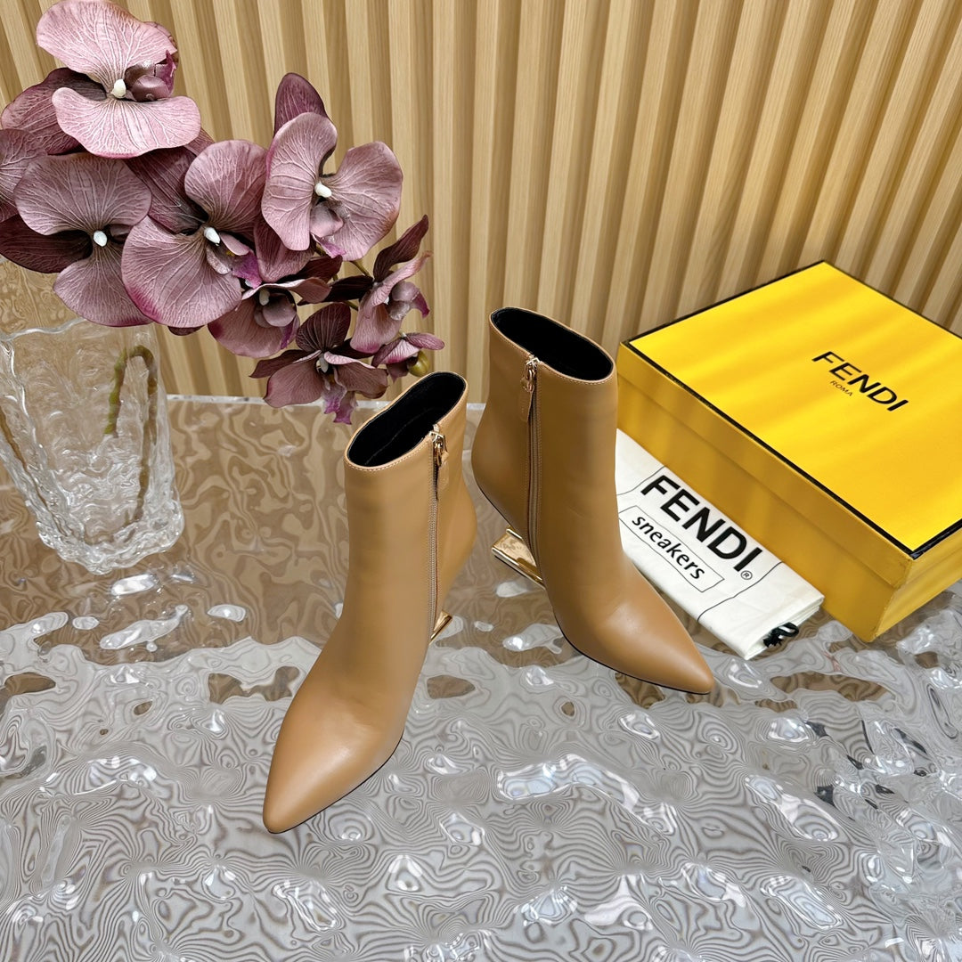 Fendi First 80 Mm Boots In Cider Brown Calfskin With Gold Hardware