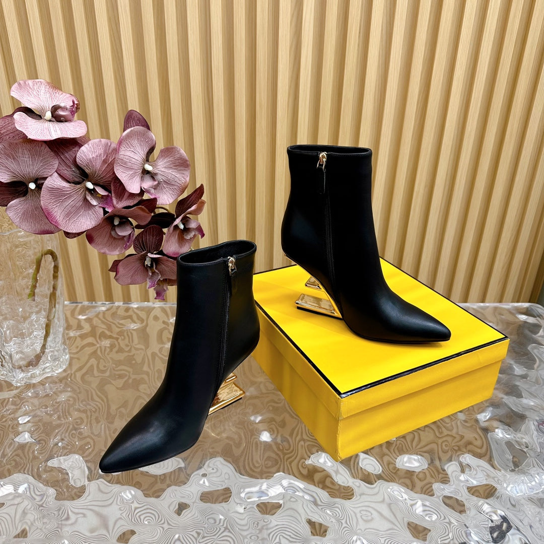 Fendi First 80 Mm Boots In Black Calfskin With Gold Hardware