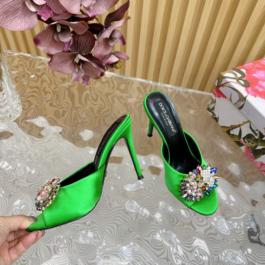 Dc Rhinestone Buckle Mules Green Silk & Sheepskin 926018