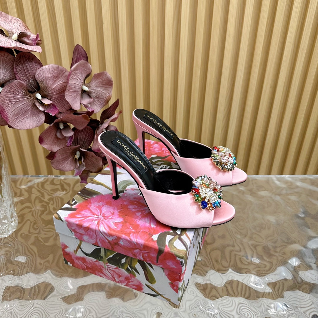 Dc Rhinestone Buckle Mules Light Pink Silk & Sheepskin 926019