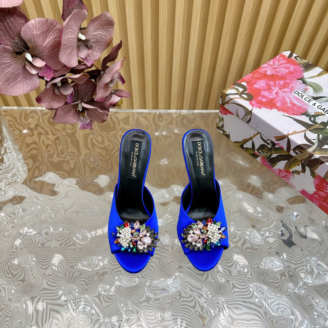 Dc Rhinestone Buckle Mules Blue Silk & Sheepskin 926024